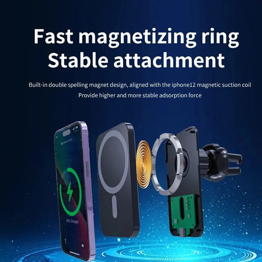 Phone with a magnetic attachment device on a blue background