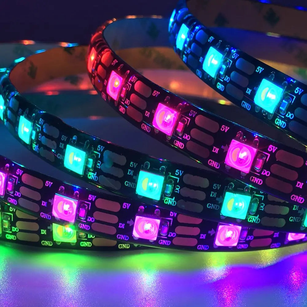 RGB LED strip with multicolor lights on a dark background