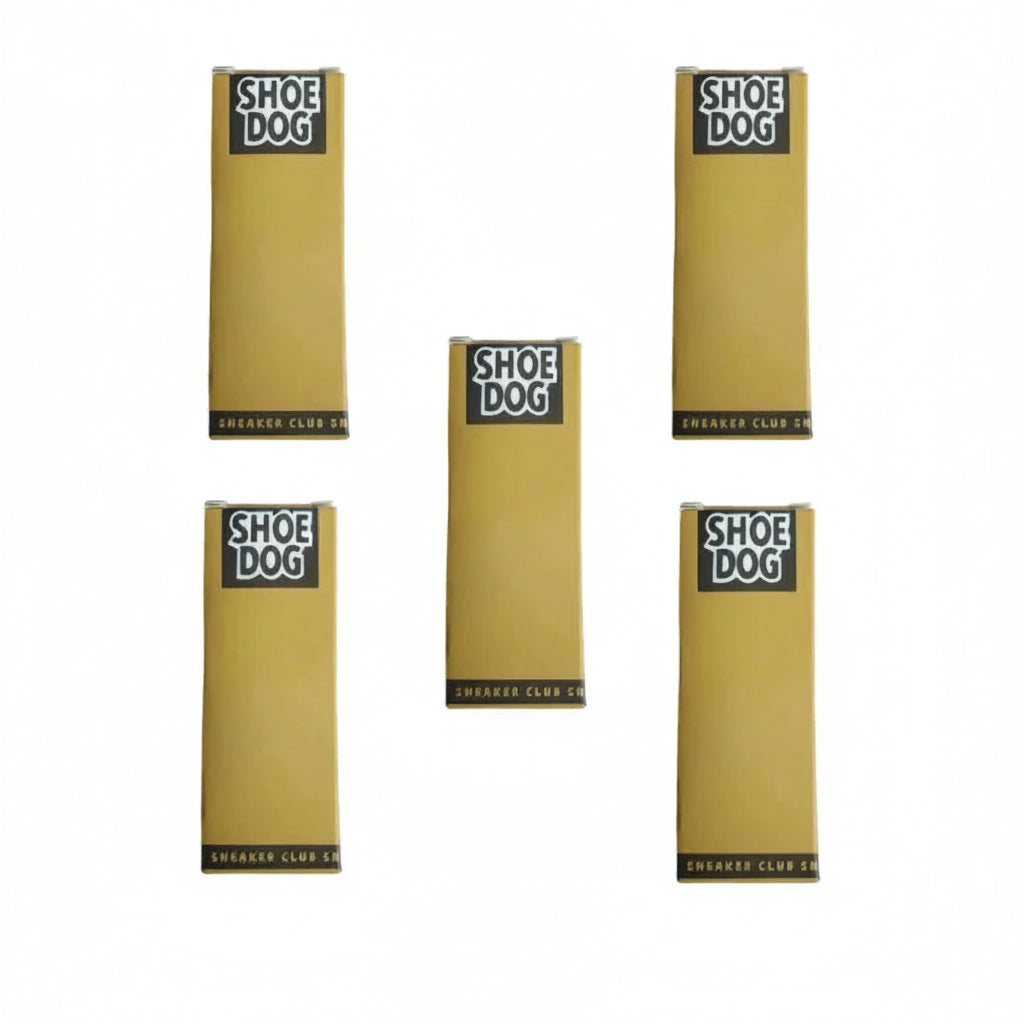 Five gold boxes with 'Shoe Dog' branding on a white background