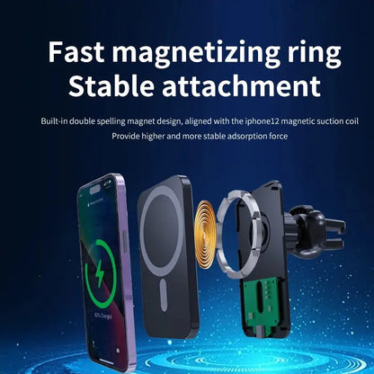 Phone with a magnetic attachment device on a blue background