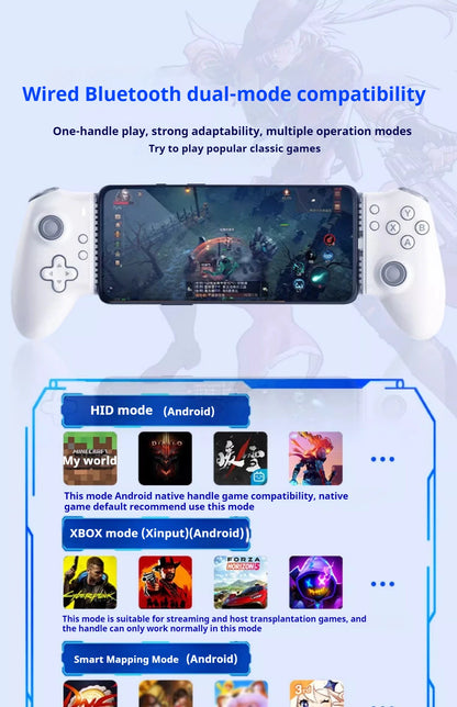 Gaming controller with smartphone display on a white background, featuring text about Bluetooth dual-mode compatibility.
