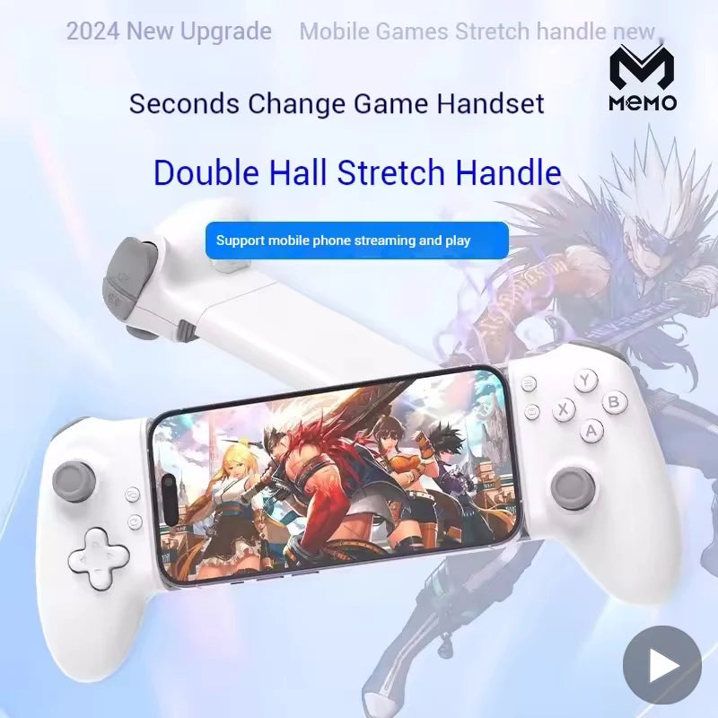 Gaming phone handle with smartphone displaying a game, brand 'MEMO' visible