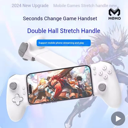 Gaming phone handle with smartphone displaying a game, brand 'MEMO' visible