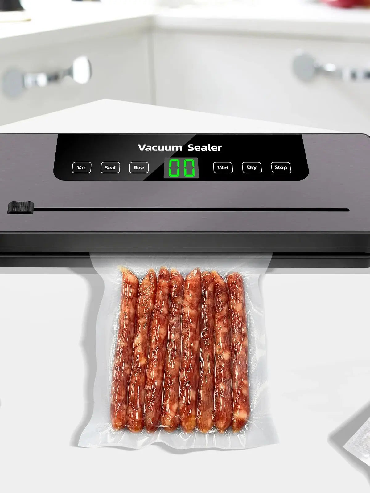 Vacuum sealer with food packaging on a white surface