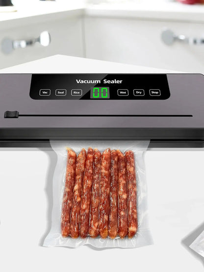 Vacuum sealer with food packaging on a white surface
