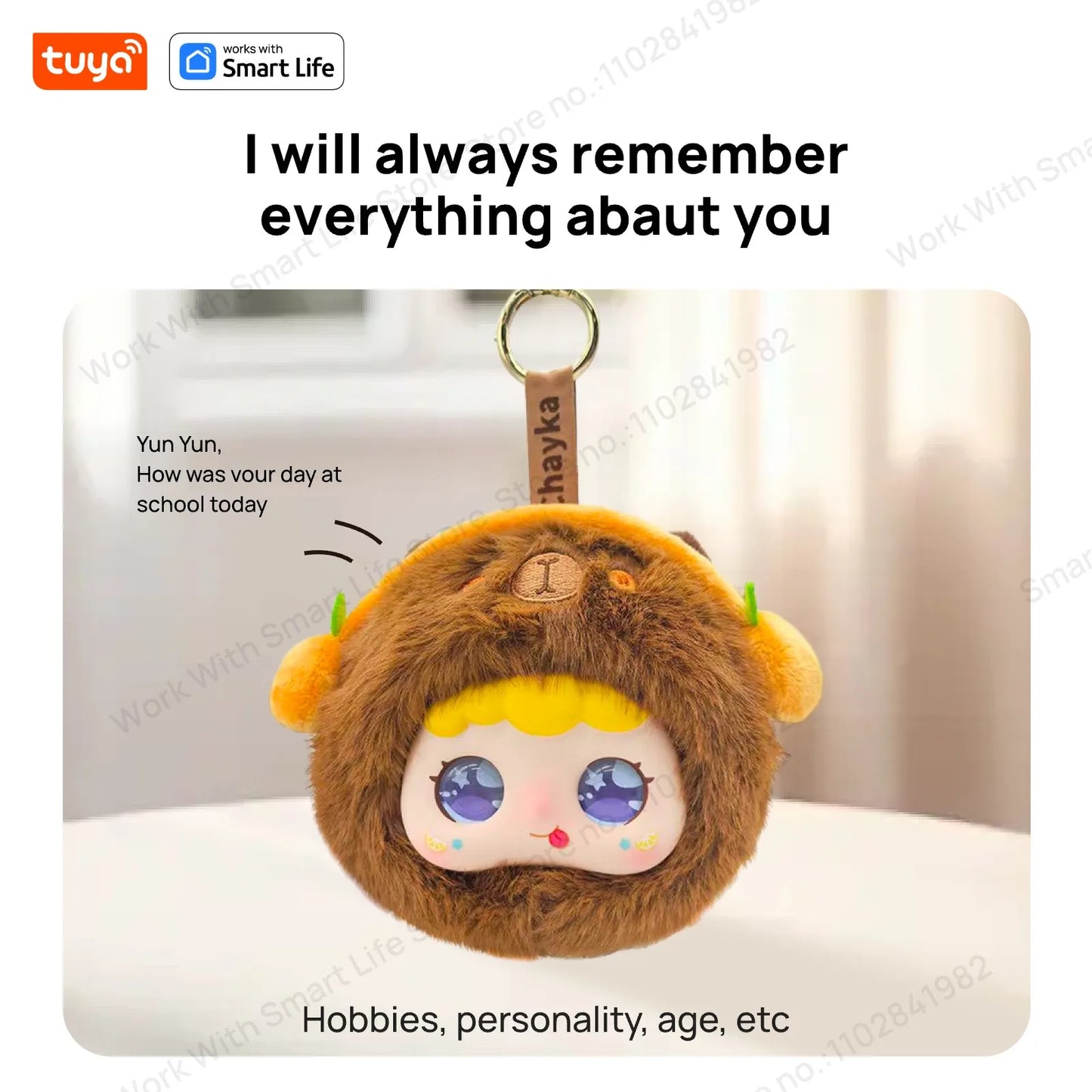 Plush keychain with cartoon face and text 'I will always remember everything about you' on a light background.