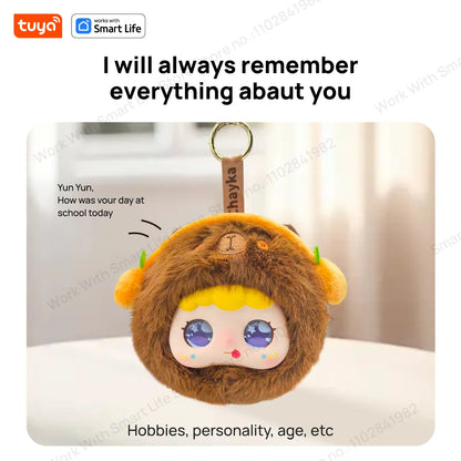 Plush keychain with cartoon face and text 'I will always remember everything about you' on a light background.