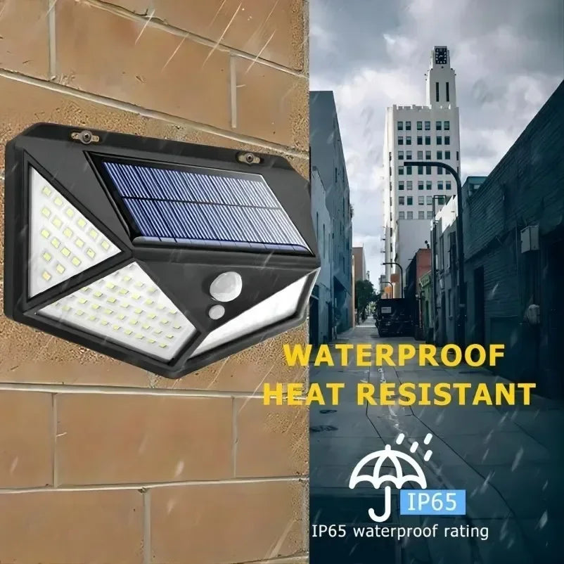 Solar light on a brick wall with city street scene and text about waterproof and heat-resistant properties.