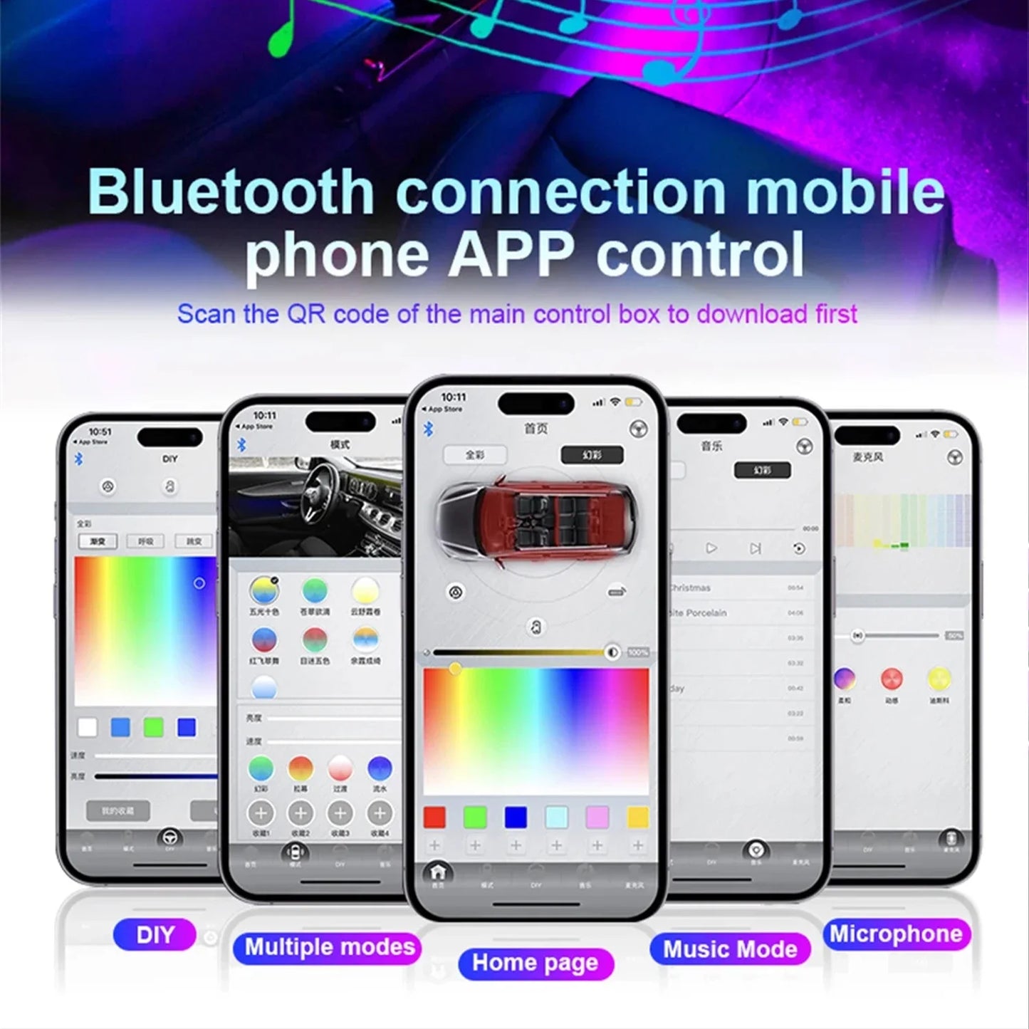 RGB Symphony Car Ambient Light Interior Acrylic Guide LED Strip with APP Control One Zone Dual Zone