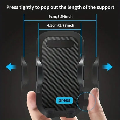 Phone holder with carbon fiber texture and measurement details on a black background