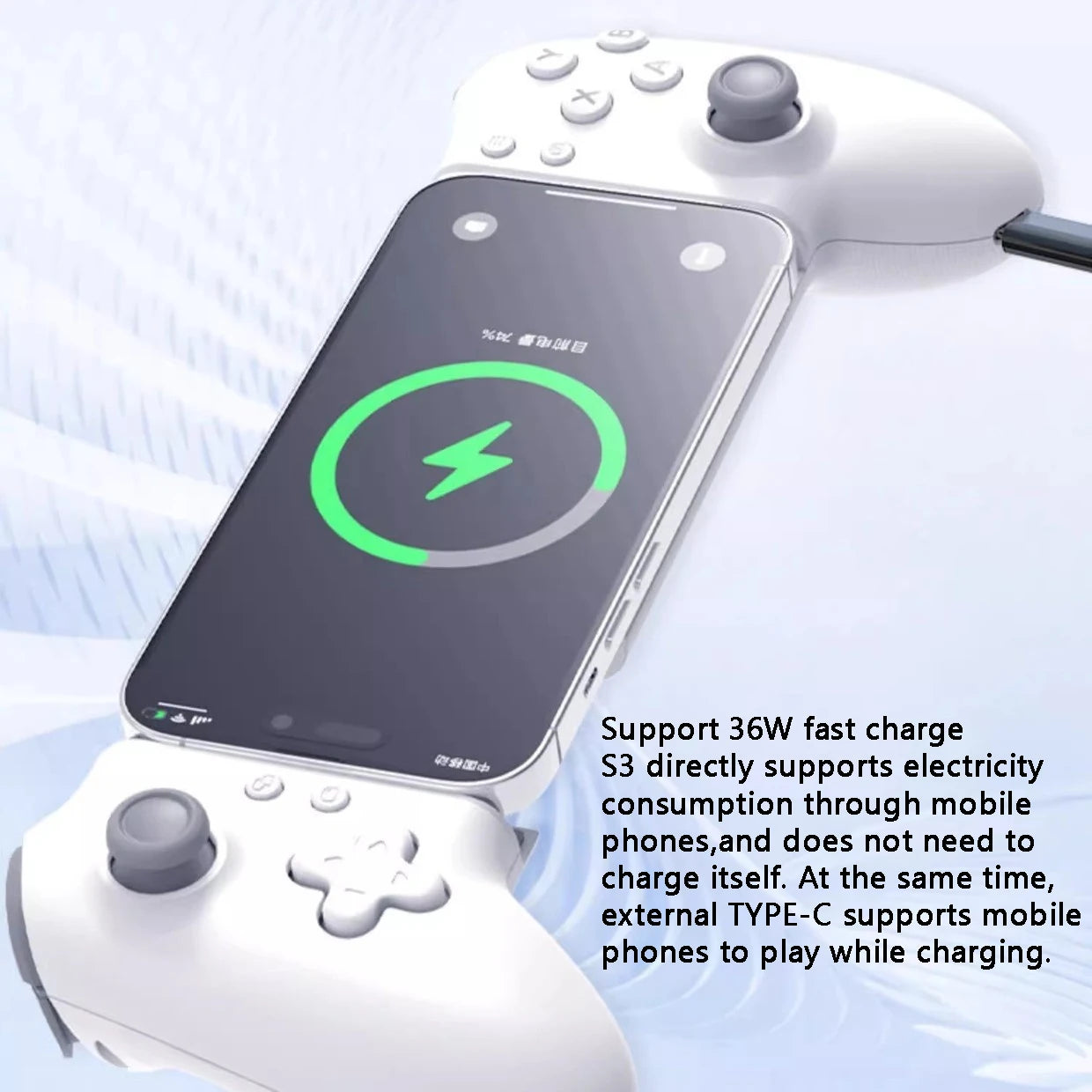 White gaming controller with smartphone on a light blue background