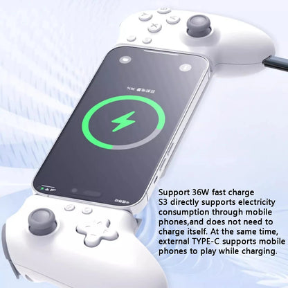 White gaming controller with smartphone on a light blue background