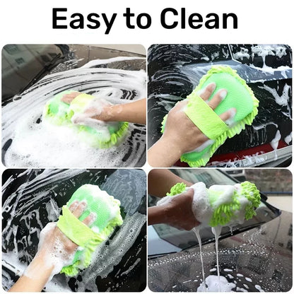 Collage of a green microfiber cleaning cloth being used to clean a car.