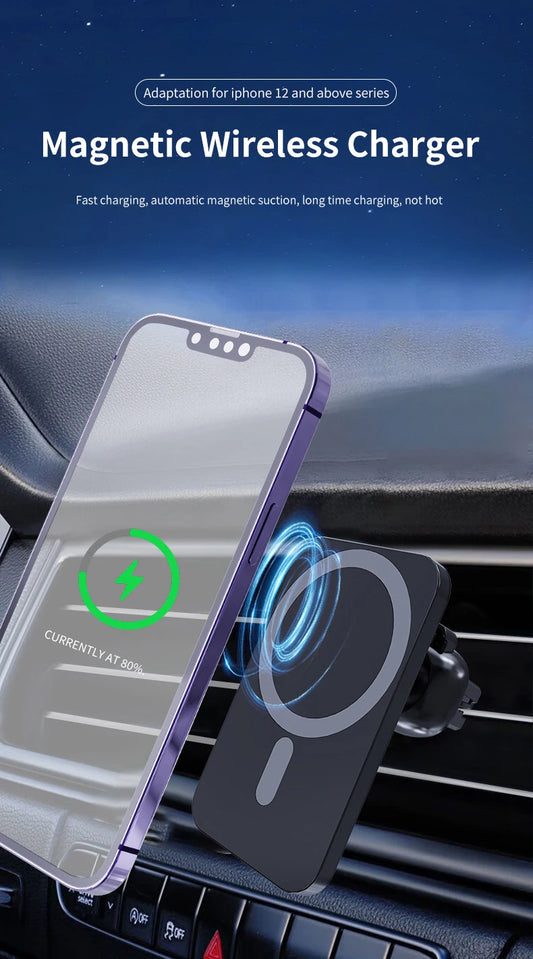 Magnetic wireless charger for iPhone 12 and above on a car dashboard.