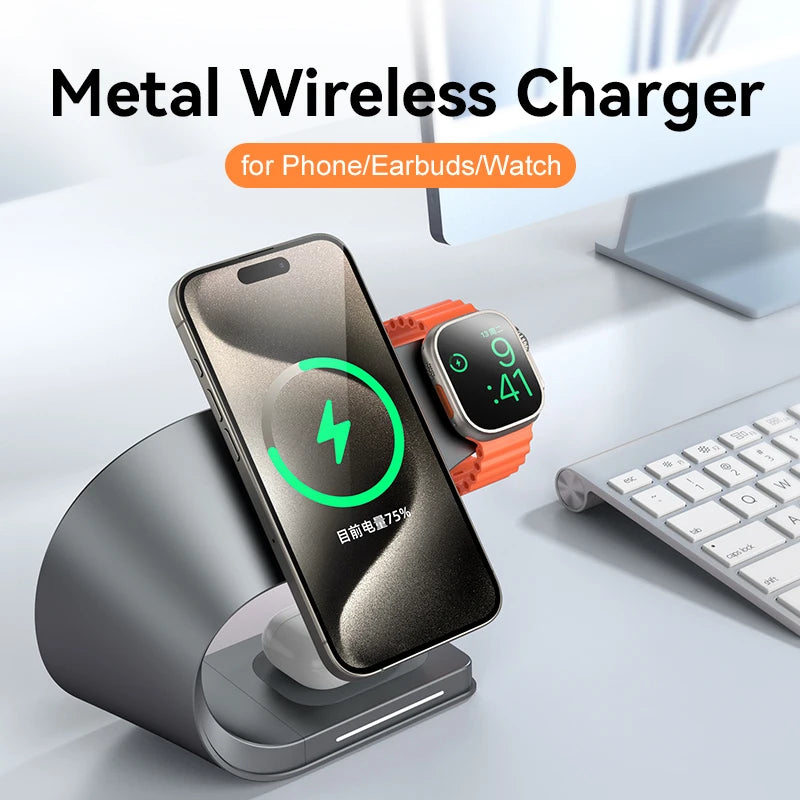 Metal wireless charger with smartphone and smartwatch on a desk
