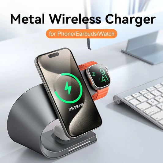 Metal wireless charger with smartphone and smartwatch on a desk