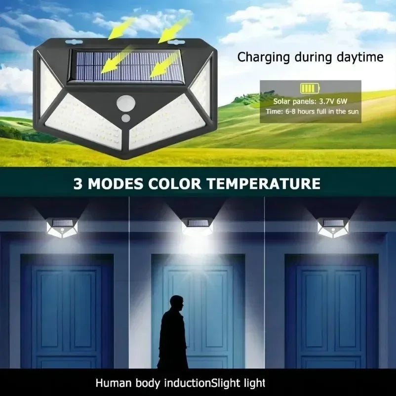 Solar-powered outdoor light with charging during daytime and color temperature modes shown.