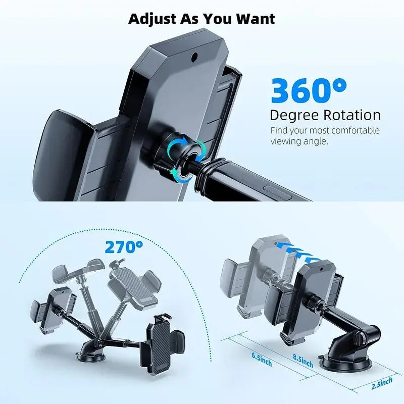 360-degree adjustable phone holder with detailed features on a light blue background