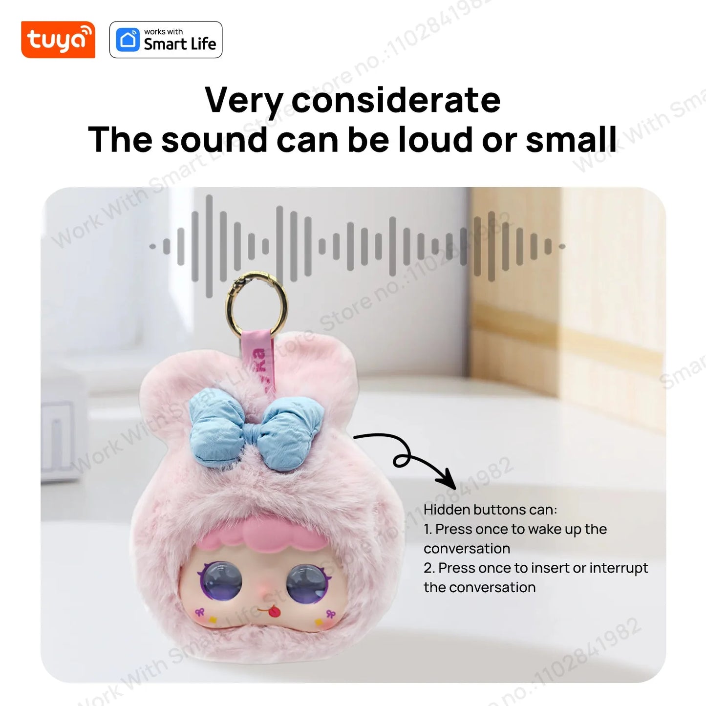 Plush toy with a keychain and text about sound control features, branded with Tuya Smart Life.