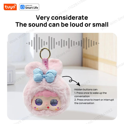 Plush toy with a keychain and text about sound control features, branded with Tuya Smart Life.
