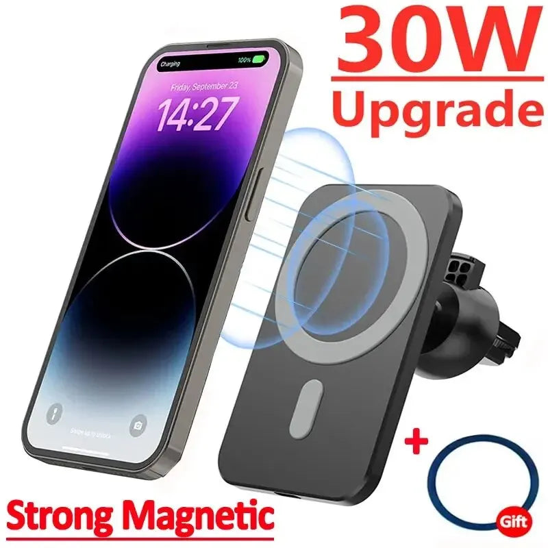 Wireless phone charger with smartphone showing charging status, labeled '30W Upgrade' and 'Strong Magnetic'.