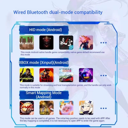 Compatibility modes for Android devices with gaming applications on a blue and white background