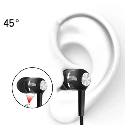 Black earbud with 45-degree angle label on a white background