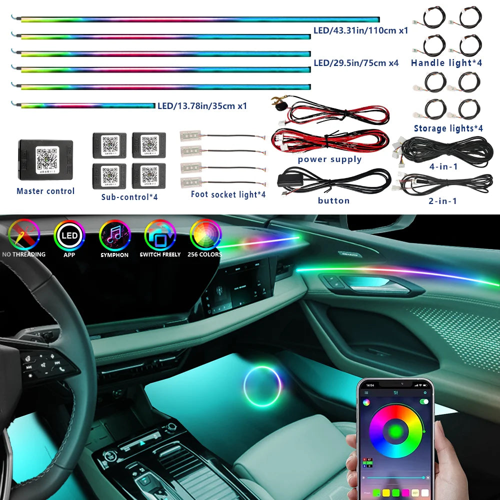 RGB Symphony Car Ambient Light Interior Acrylic Guide LED Strip with APP Control One Zone Dual Zone