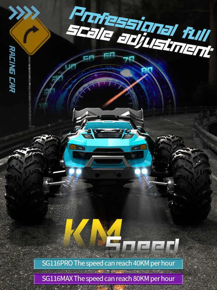 Monster truck with large wheels on a dark background, featuring 'KM Speed' branding.
