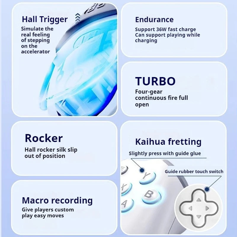 Control panel with features like Hall Trigger, Endurance, Turbo, Rocker, Kaihua fretting, and Macro recording on a light blue background.