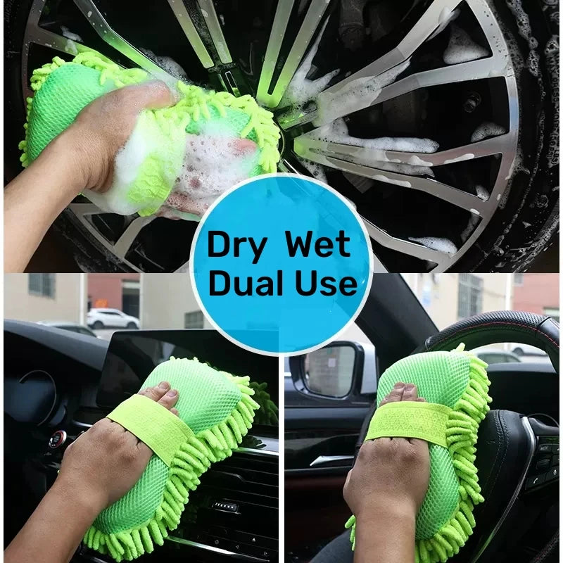 Green microfiber cleaning cloth used to clean a car wheel and interior.