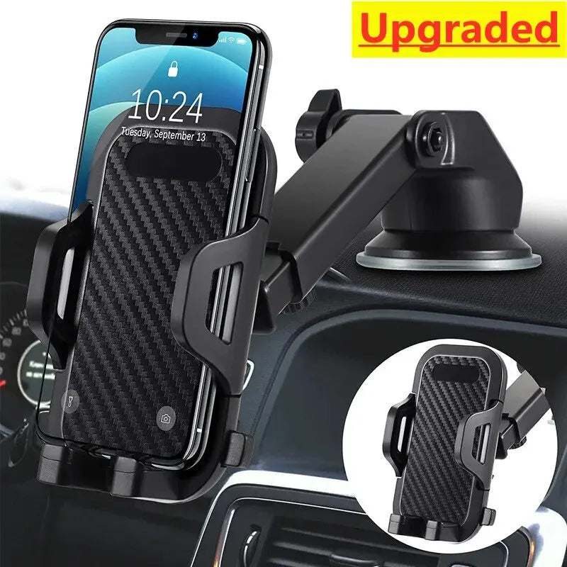 Car phone holder with smartphone displaying time, mounted on a car dashboard with 'Upgraded' label.