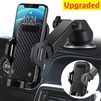 Car phone holder with smartphone displaying time, mounted on a car dashboard with 'Upgraded' label.