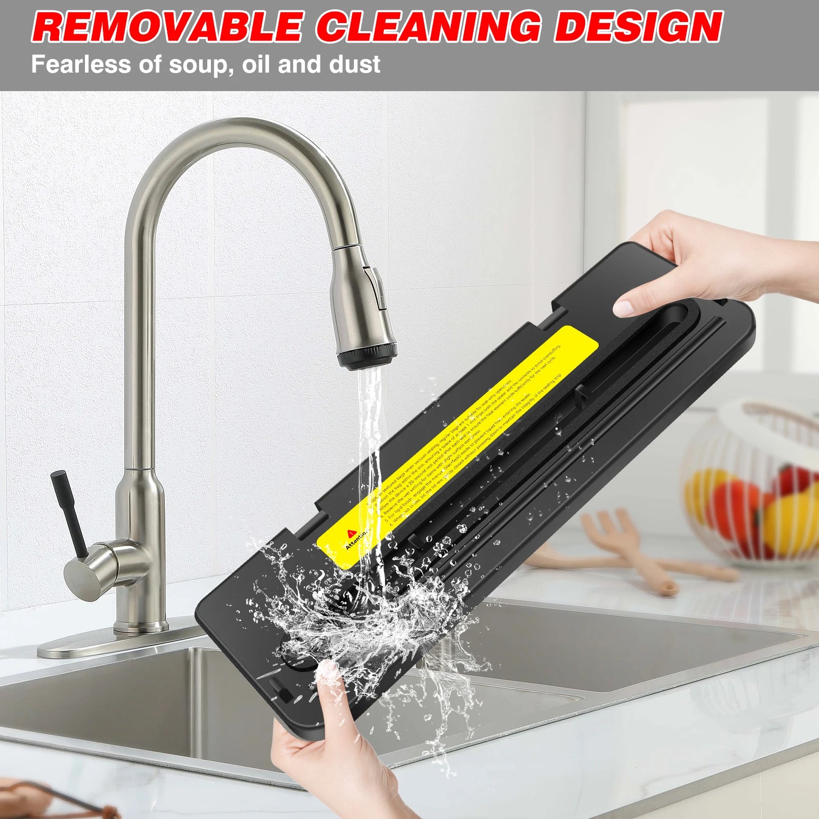 Cleaning device being rinsed under a faucet with text about removable cleaning design.