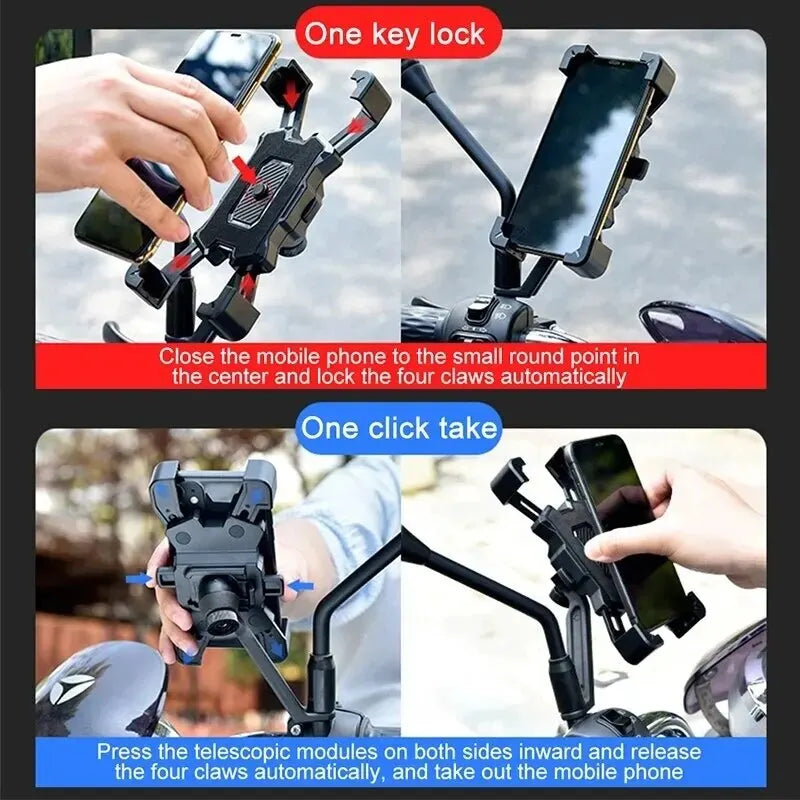 Motorcycle phone holder with telescopic arm and one-click release mechanism, shown in use.
