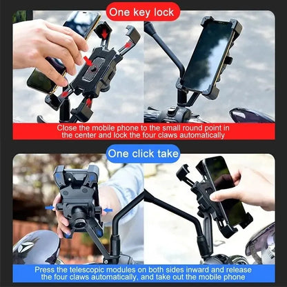 Motorcycle phone holder with telescopic arm and one-click release mechanism, shown in use.
