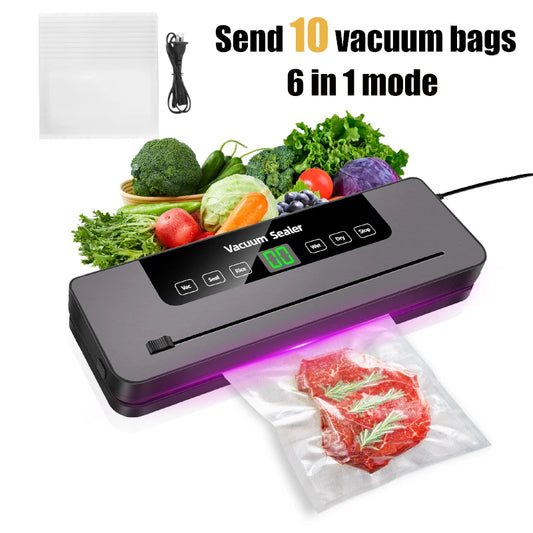 Vacuum sealer with vegetables and vacuum bags on a white background