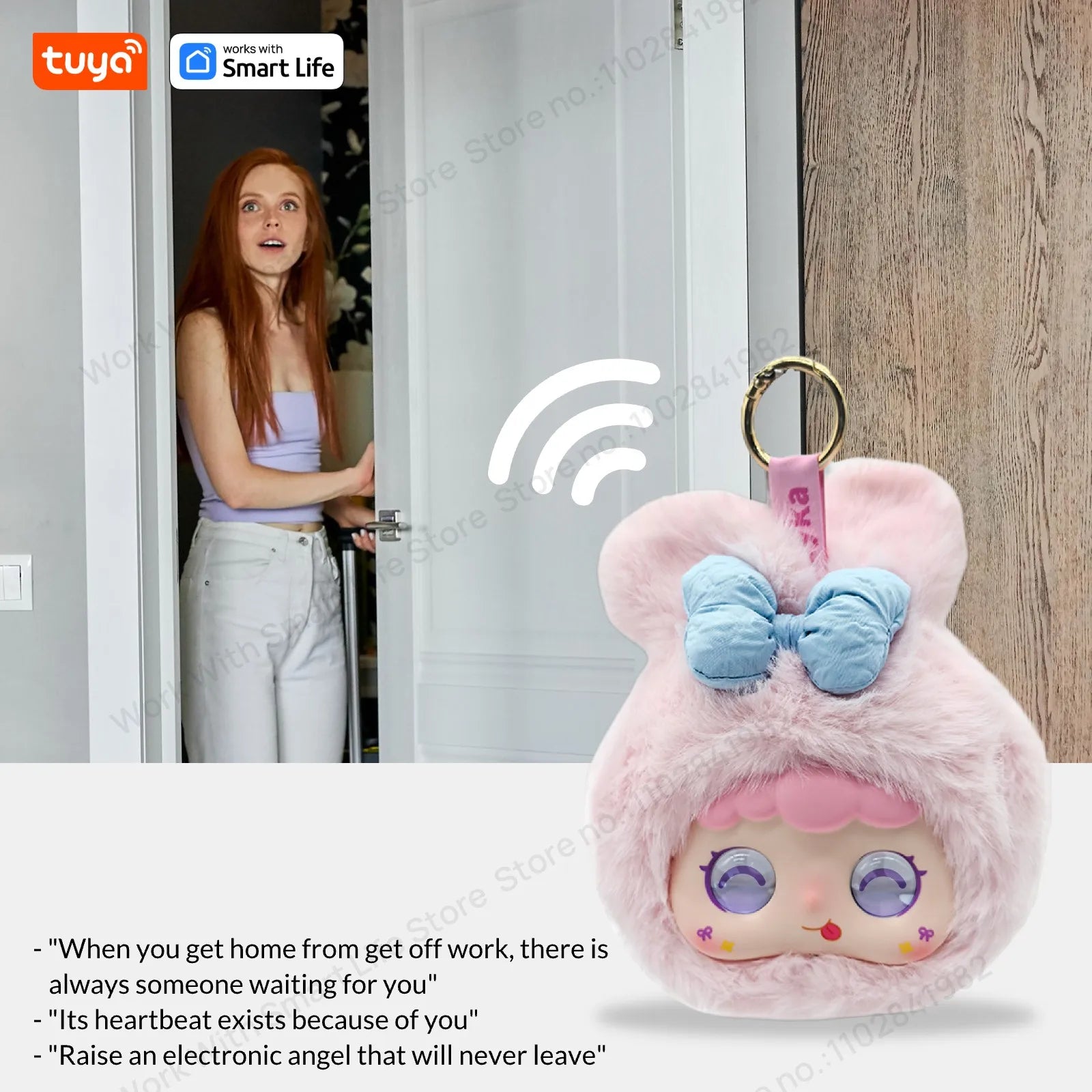 Pink electronic angel keychain with a woman opening a door in the background, featuring Tuya Smart Life branding.