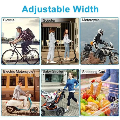 Collage showing adjustable width product use on various modes of transportation including bicycle, scooter, motorcycle, electric motorcycle, baby stroller, and shopping cart.