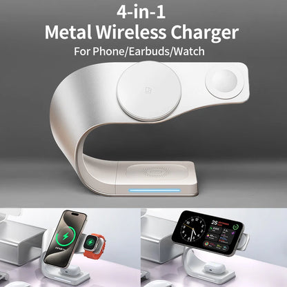4-in-1 metal wireless charger with phone, earbuds, and watch on a gray background
