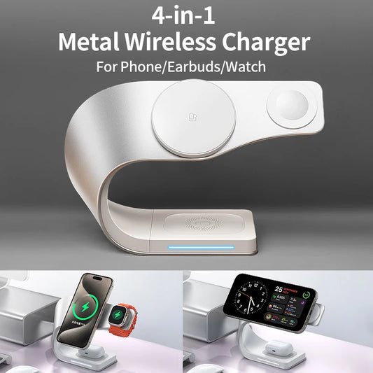4-in-1 metal wireless charger with phone, earbuds, and watch on a gray background