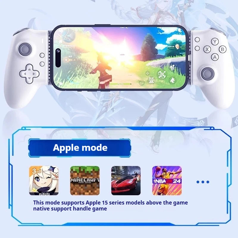 Gaming phone with controller displaying a game on screen, with text about Apple mode and supported games.
