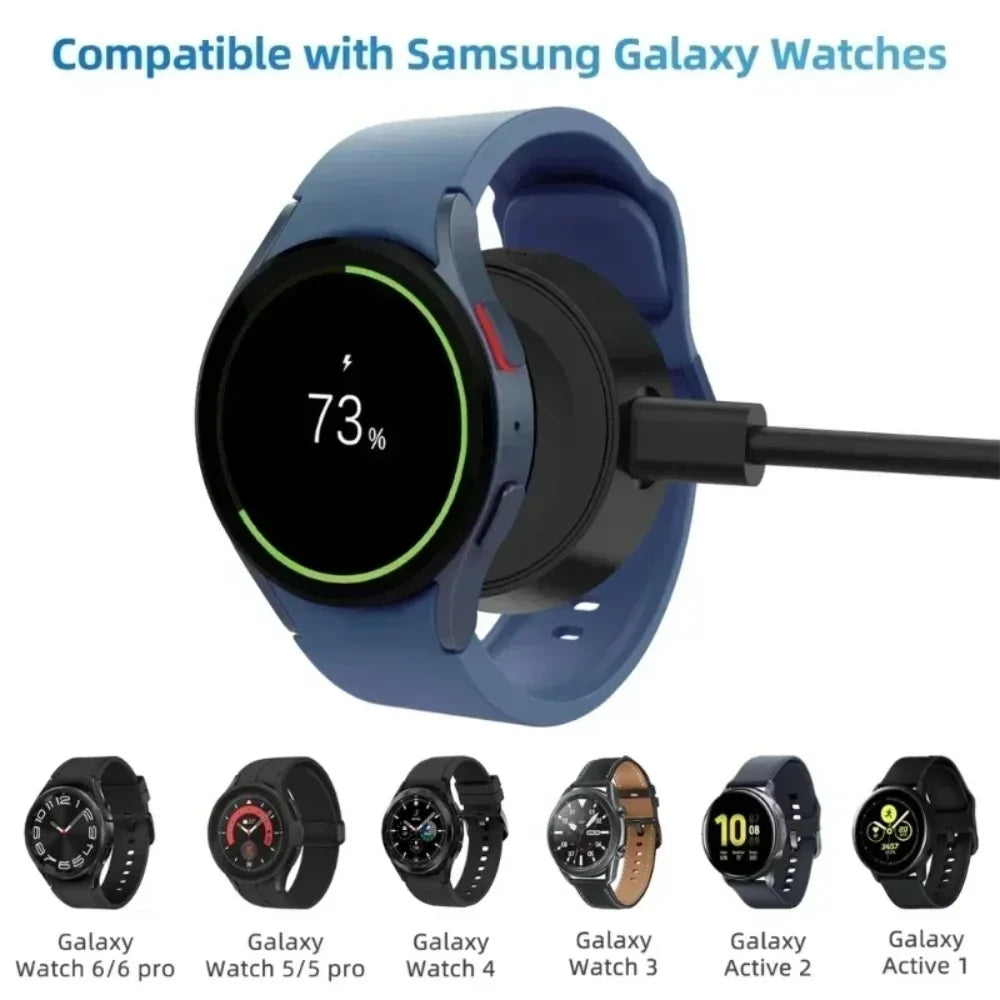 Smartwatch with charging cable, compatible with Samsung Galaxy watches, on a white background.