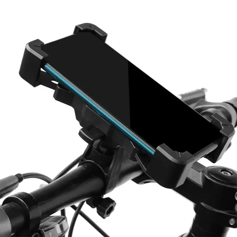 Phone mount on a motorcycle handlebar with a white background