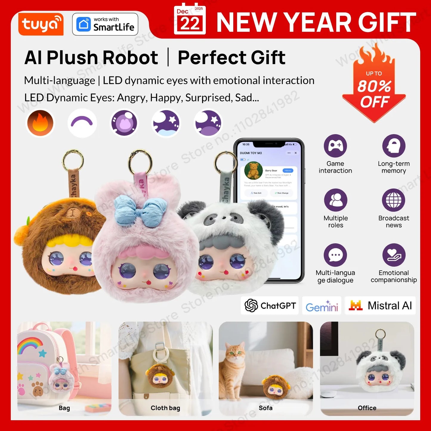 AI plush robot with LED dynamic eyes and emotional interaction, displayed with promotional text and branding.