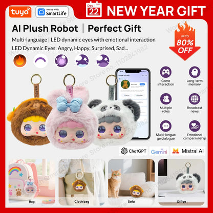 AI plush robot with LED dynamic eyes and emotional interaction, displayed with promotional text and branding.