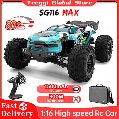Blue and black remote control monster truck with accessories on a white background