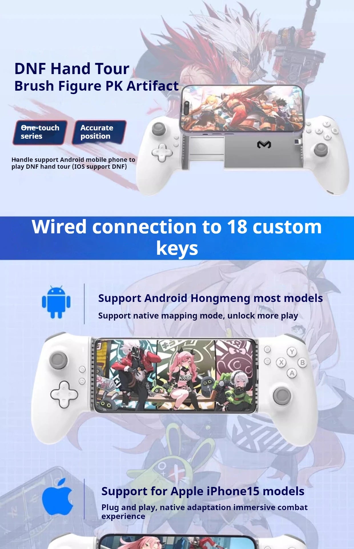 Gaming controller with smartphone mount on a promotional graphic for DNF Hand Tour.
