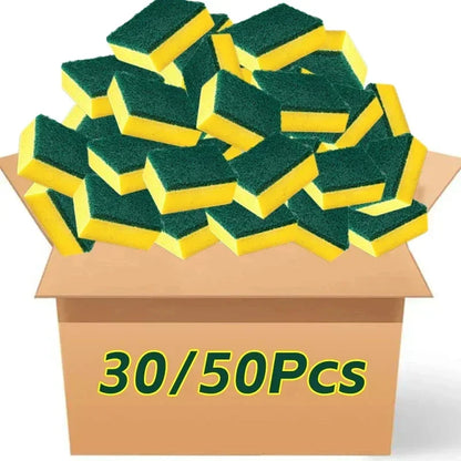 Box of green and yellow sponges with '30/50Pcs' text on a white background