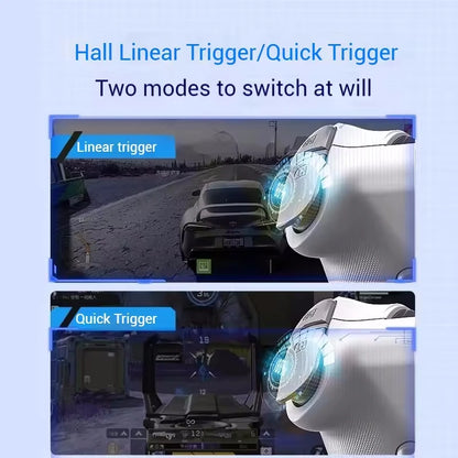 Two modes of a Hall Linear Trigger/Quick Trigger device with car and robot graphics on a blue background.